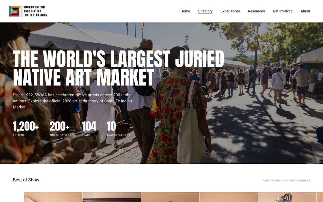 The public SWAIA Artist Directory interface, showing its market introduction and Best of Show section.