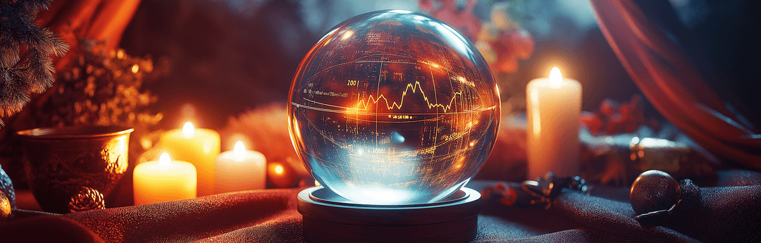 A crystal ball placed on a reflective base, surrounded by soft candlelight and cozy decor. Inside the crystal ball, vibrant data visualizations such as charts and graphs are faintly visible, symbolizing the fusion of intuition and analytics.