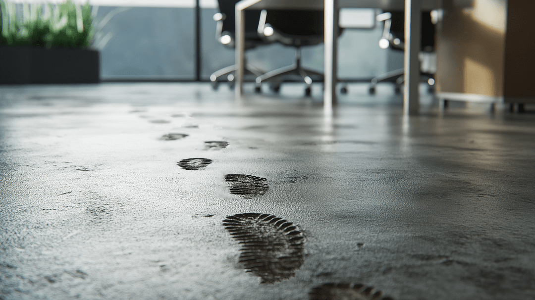 The image depicts a series of wet, muddy footprints on a polished concrete office floor, leading toward a desk and modern office chairs. In the background, a large window lets in natural light, softening the industrial ambiance of the space. The footprints suggest someone has walked in from outside, leaving a visible trail that contrasts sharply against the clean and orderly office environment.