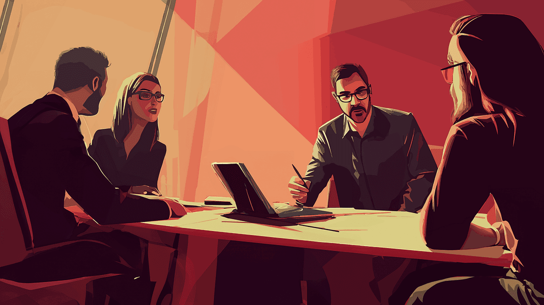 An illustration of three people asking an idividual questions.