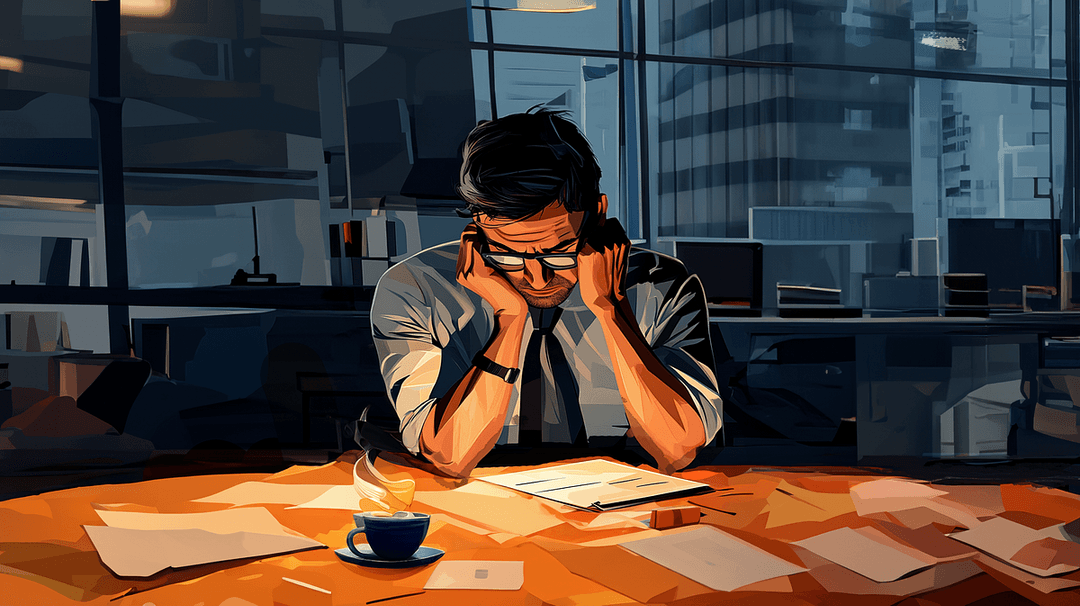 An illustration of a man at a table working late into the evening.