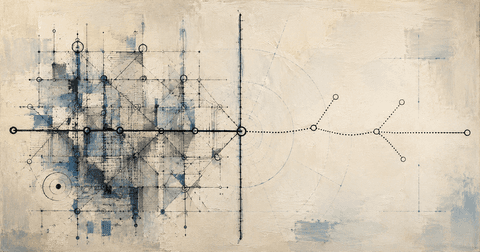 A painted technical drawing on textured off-white paper. On the left, a dense lattice of ruled lines, circles, and hatching in ink and blue wash, standing for a system's internal state. A firm vertical line marks a boundary. To its right a single horizontal path continues as a dotted line that branches into several forks before trailing off, standing for what a person observes and infers from the system.