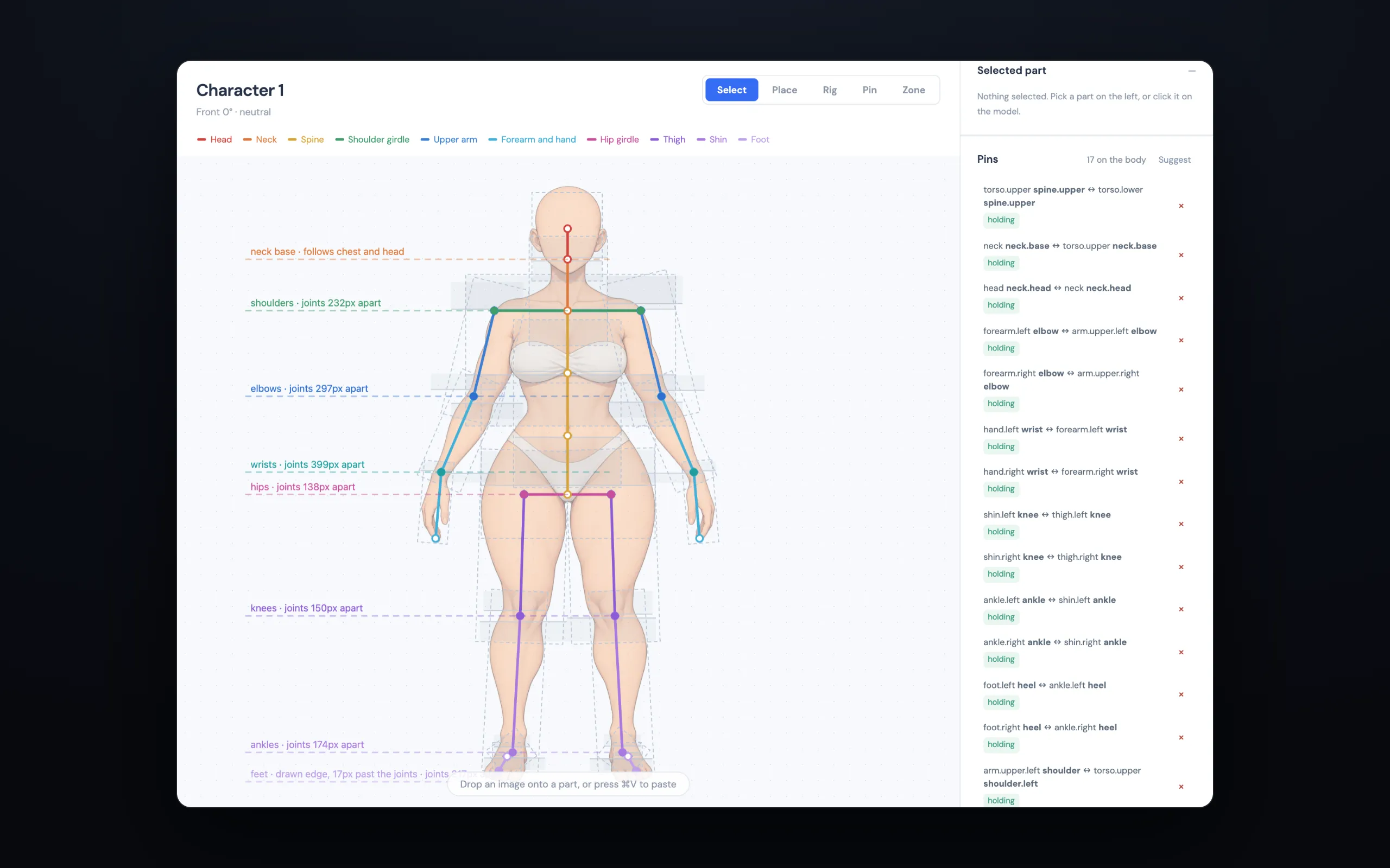 A rig editor showing a faceless drawn figure with a coloured skeleton over it, dashed guide lines labelled shoulders, elbows, wrists, hips, knees and ankles with joint distances, and a list of pins marked holding.