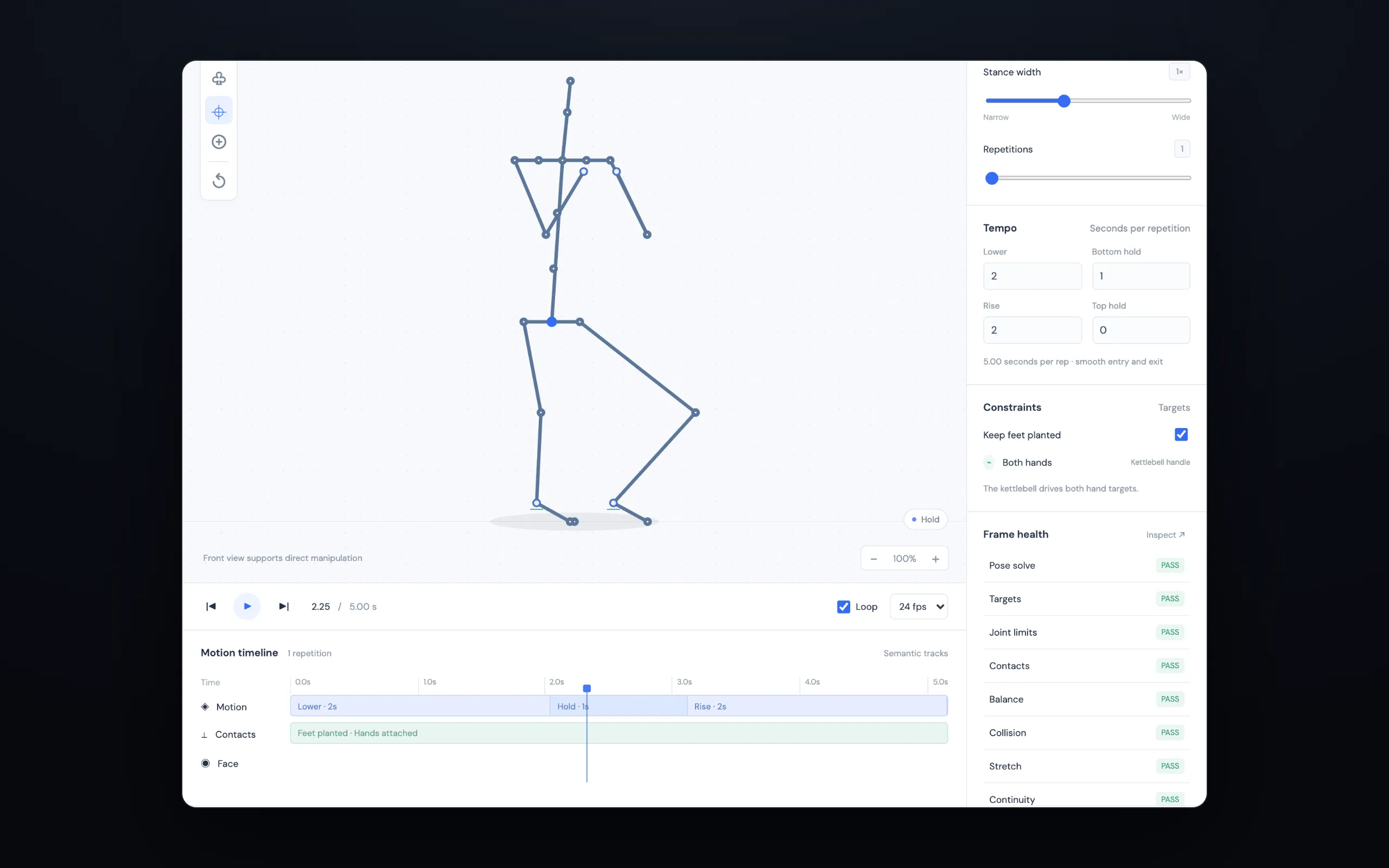 An animation editor showing a stick skeleton in a deep squat, a motion timeline with lower, hold and rise phases, and a frame health list where pose solve, targets, joint limits, contacts, balance, collision, stretch and continuity all read PASS.