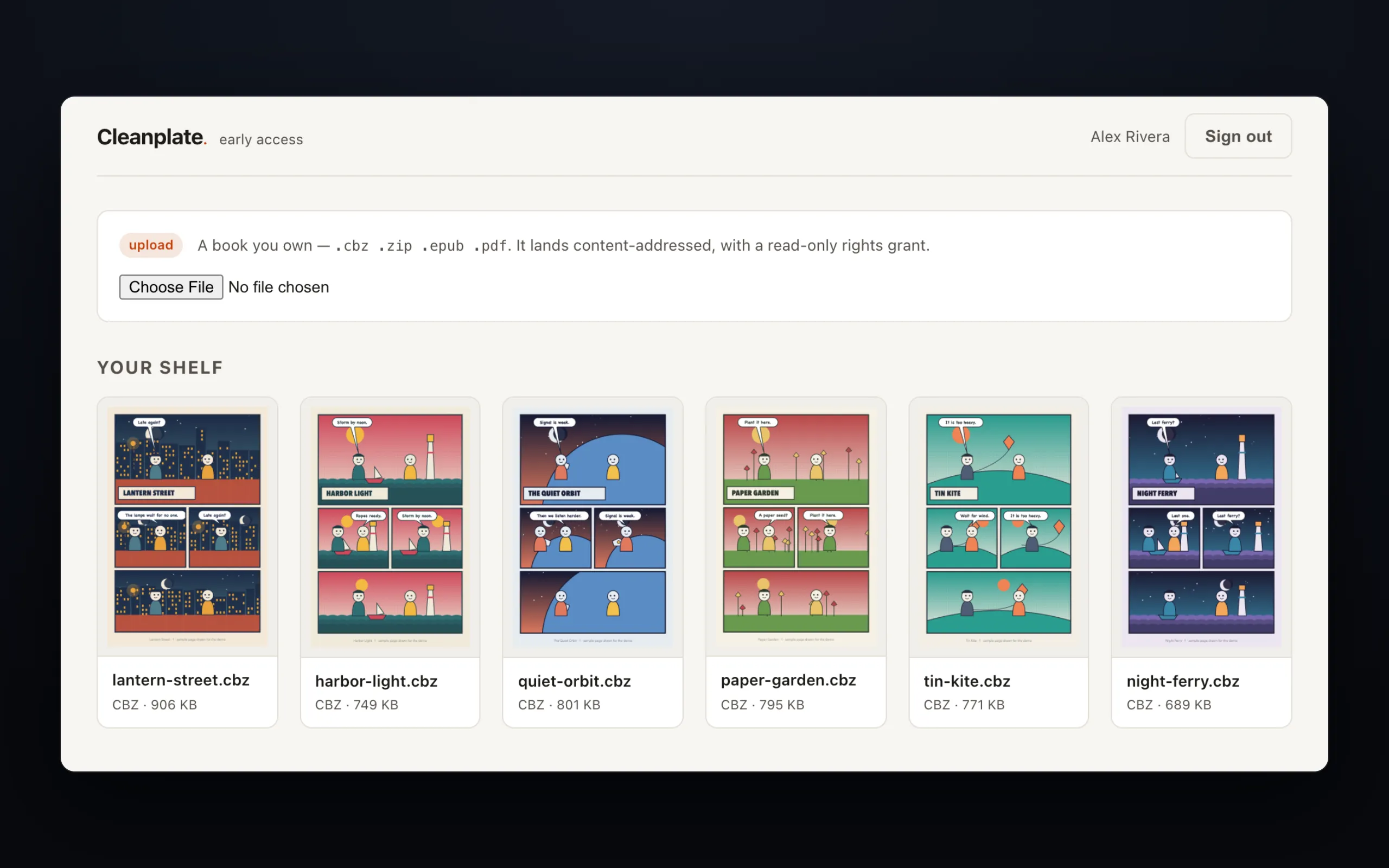 Cleanplate library with an upload panel and a shelf of six sample comic books shown as colorful cover thumbnails.