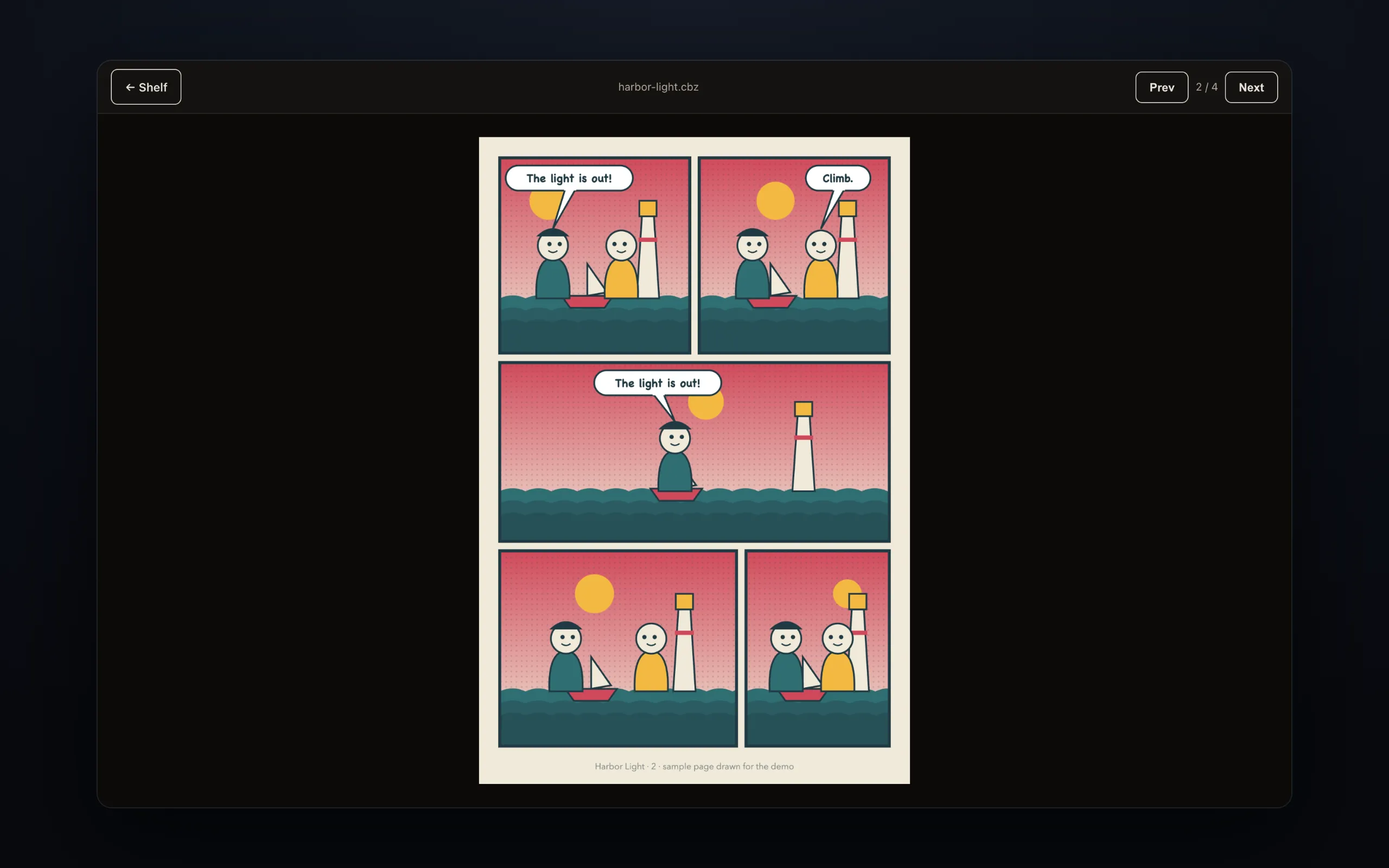 Dark reader screen showing one sample comic page of five panels with two figures, a boat and a lighthouse, and a counter reading 2 of 4.