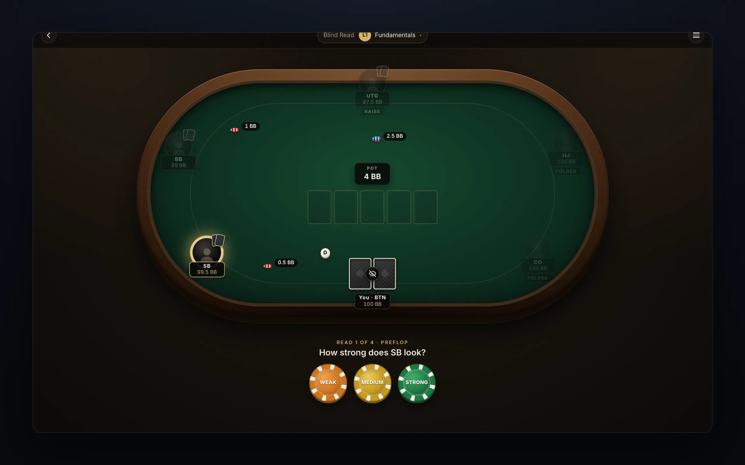 A six-seat green poker table seen from above, the small blind seat highlighted, two face-down cards in front of you, and three poker-chip buttons labelled Weak, Medium and Strong below.