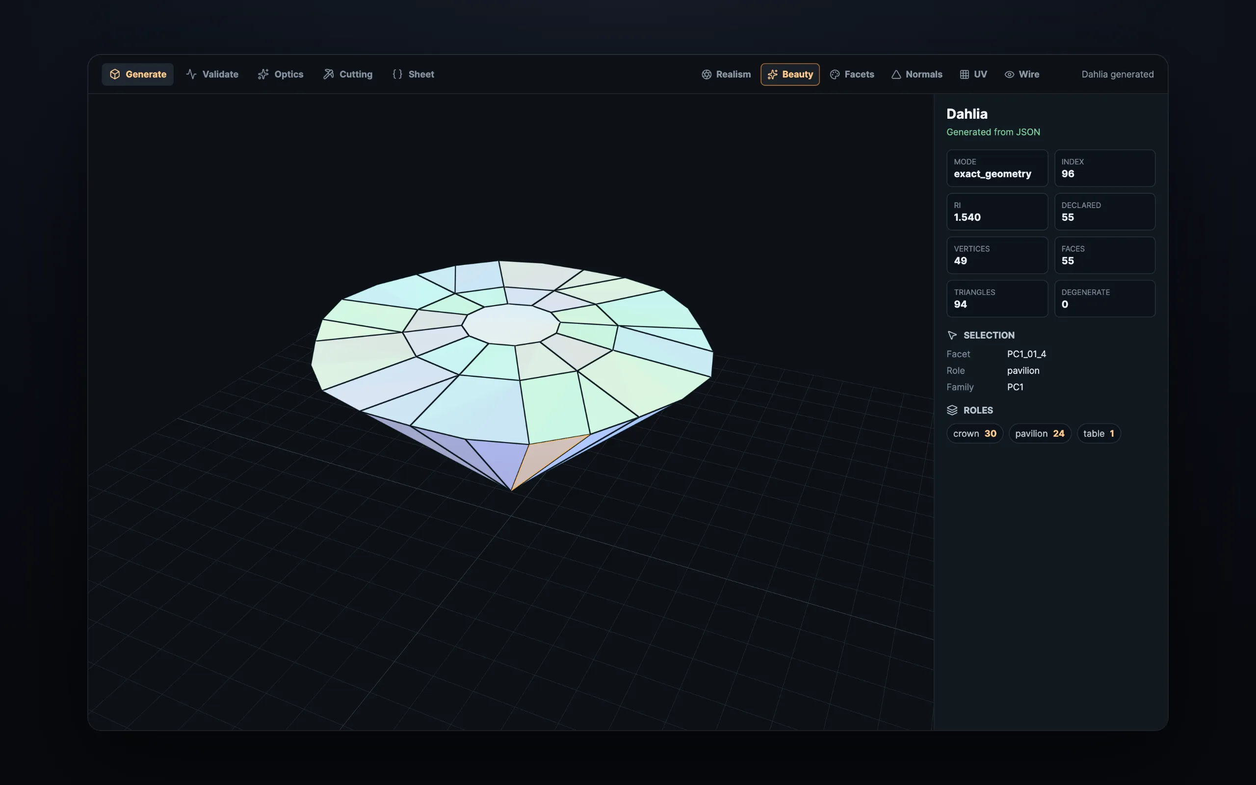 A pale faceted gem seen from above at an angle on a dark grid, one pavilion facet highlighted, beside panels listing vertices, faces, triangles and facet roles.
