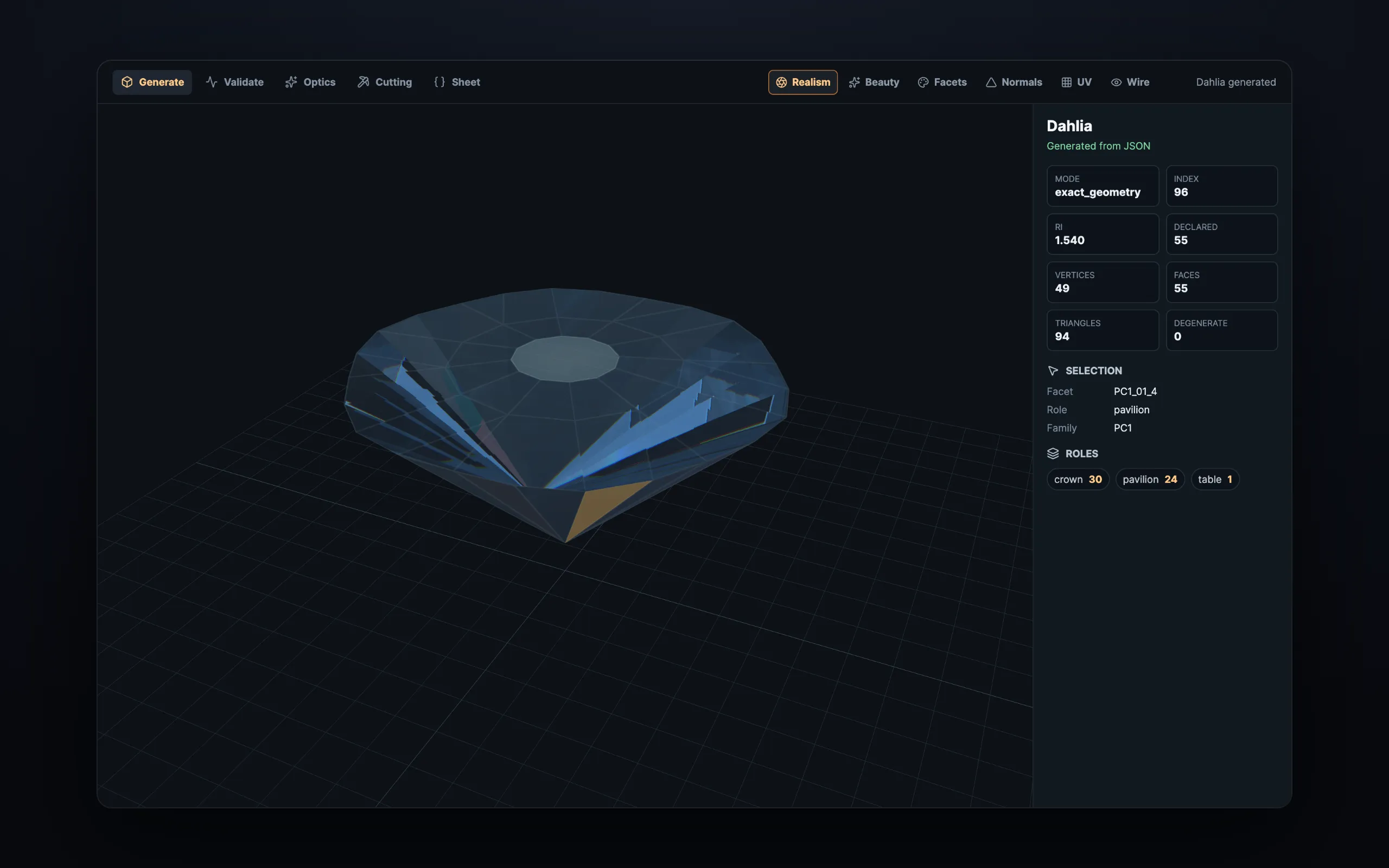 A translucent blue faceted gem with bright refracted streaks inside it, on a dark grid beside a panel of mesh metrics.
