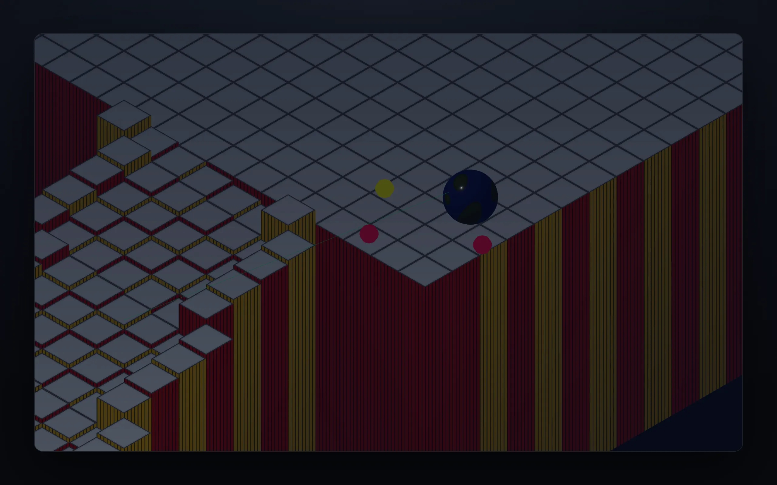 A dark marble on a gray tiled isometric platform above tall red and yellow columns, with one yellow and two red sensor markers around it at the platform's edge.