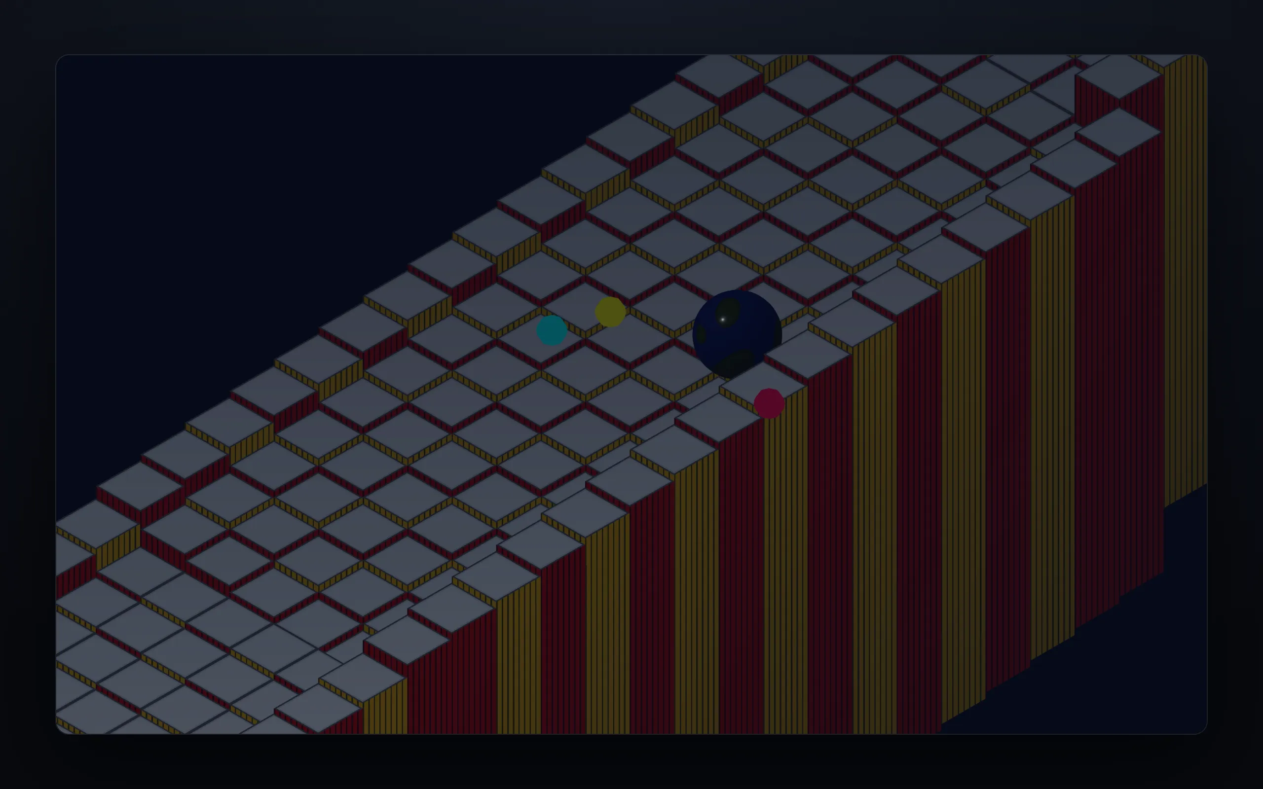 A dark marble on a stepped isometric track of gray tiles on red and yellow columns, with cyan, yellow and red sensor markers near it.