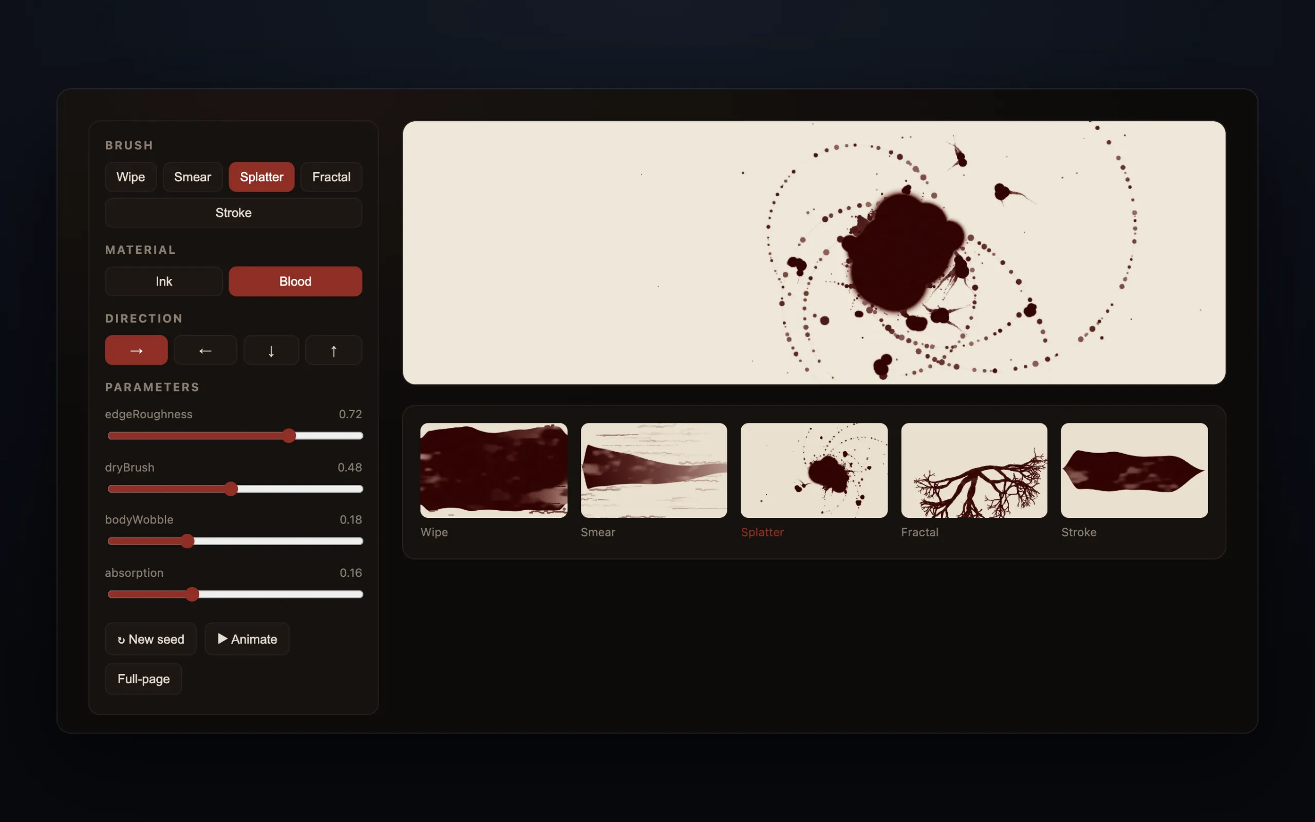 A dark red splatter with a dense center and rings of droplets on a cream panel, above a row of five brush marks and beside brush, material and parameter controls.