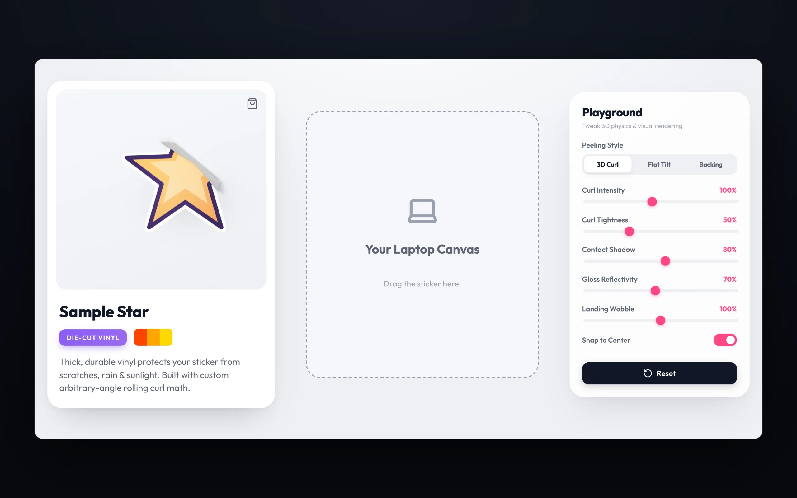 A product card with a star sticker peeling at one corner, an empty dashed drop zone, and a panel of peel style and curl sliders.