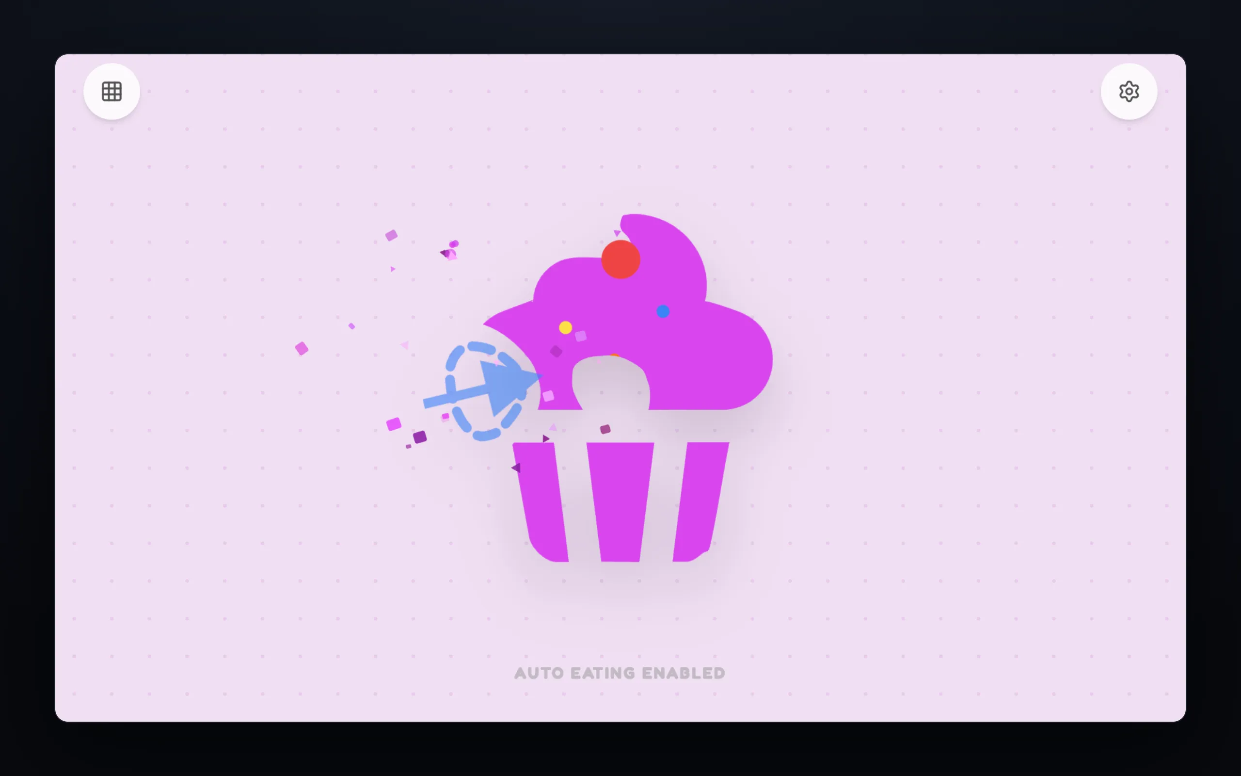 A magenta cupcake silhouette with a round bite out of its frosting, a dashed blue circle and arrow at the bite, and small crumbs scattering left.