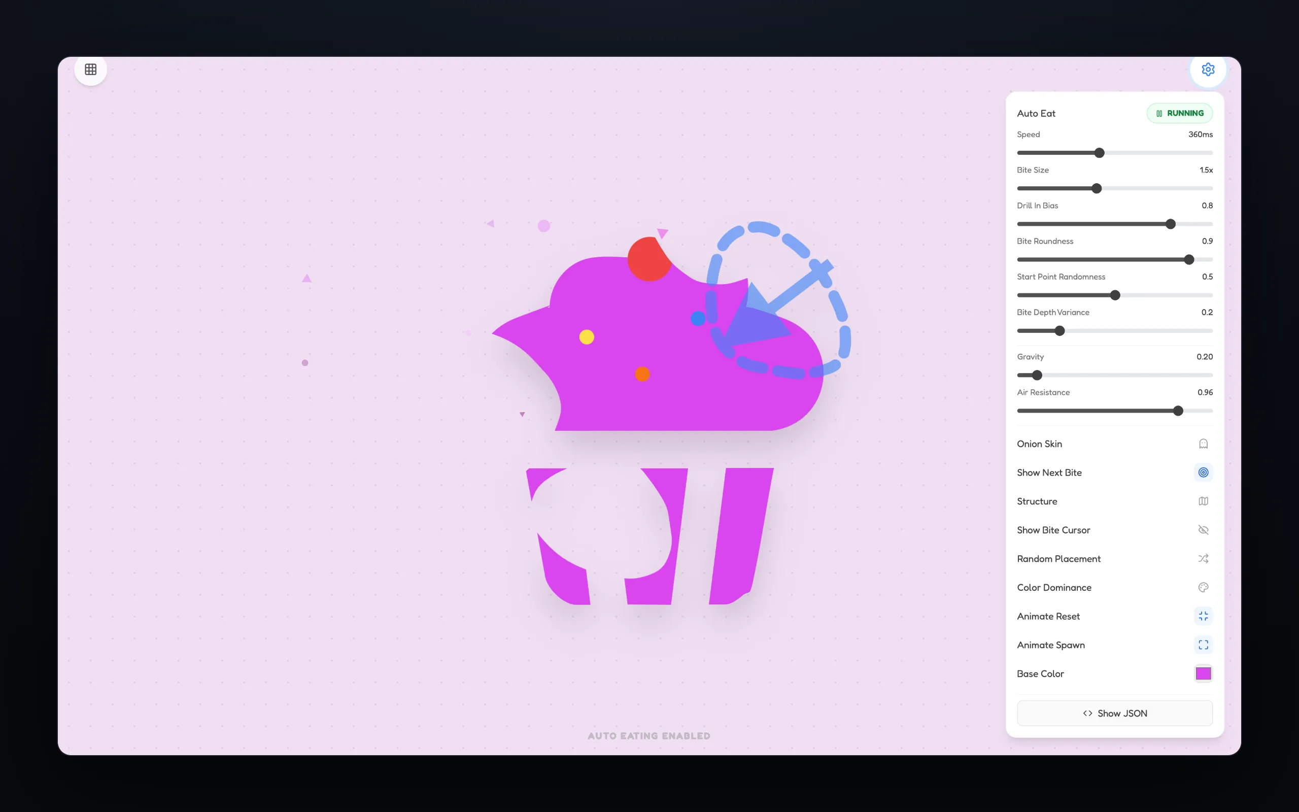 A magenta cupcake shape with bites taken out of it beside a white settings panel of sliders for speed, bite size, gravity and air resistance, and toggles below.